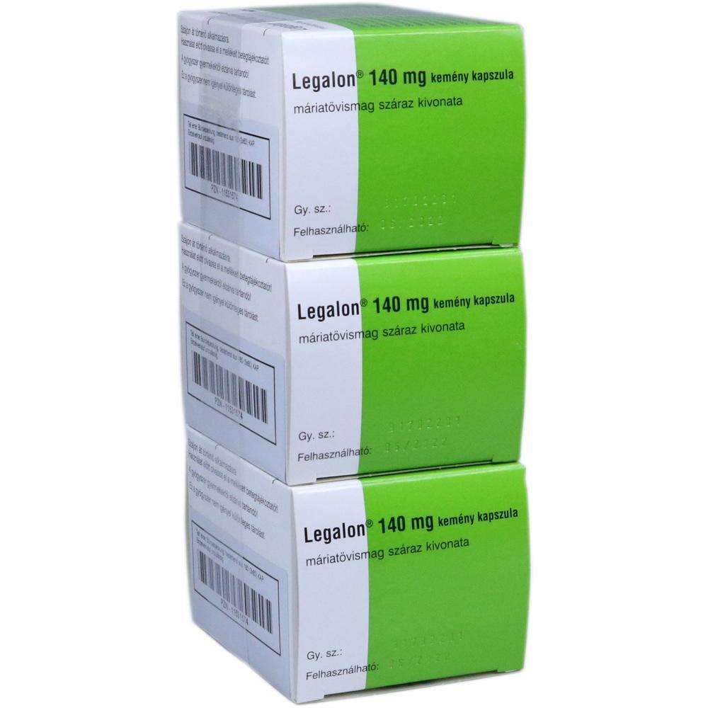 Drei grüne Verpackungen mit der Aufschrift "Legalon 140 mg" sind gestapelt.