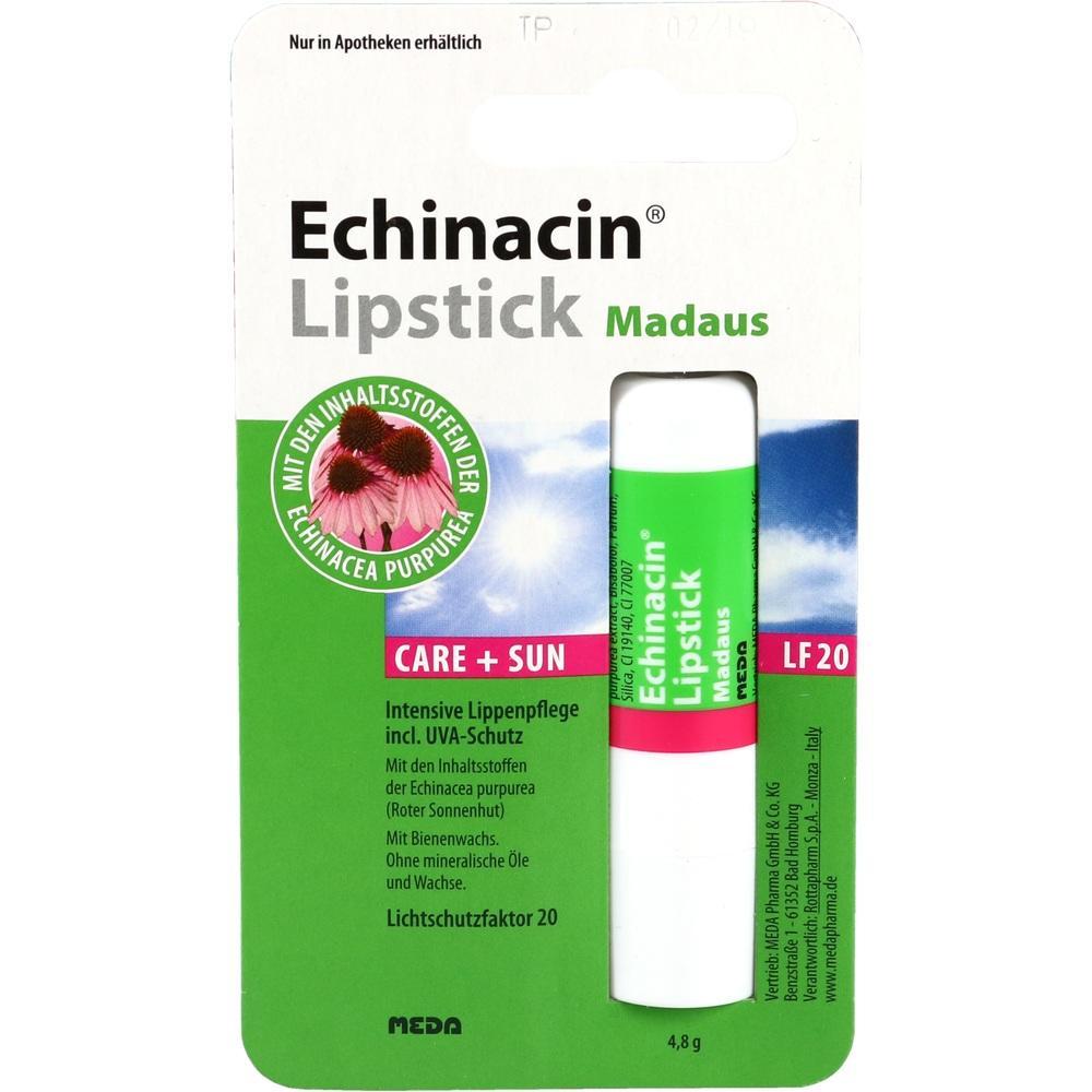 Verpackung eines Lippenpflegestifts mit Echinacea und Lichtschutzfaktor 20.