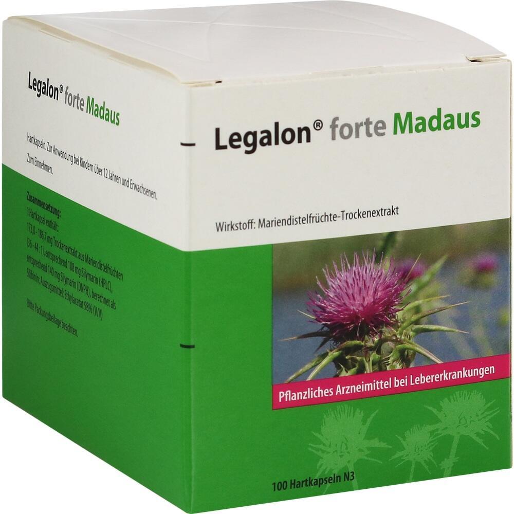Verpackung von Legalon forte Madaus mit Mariendistel-Abbildung.