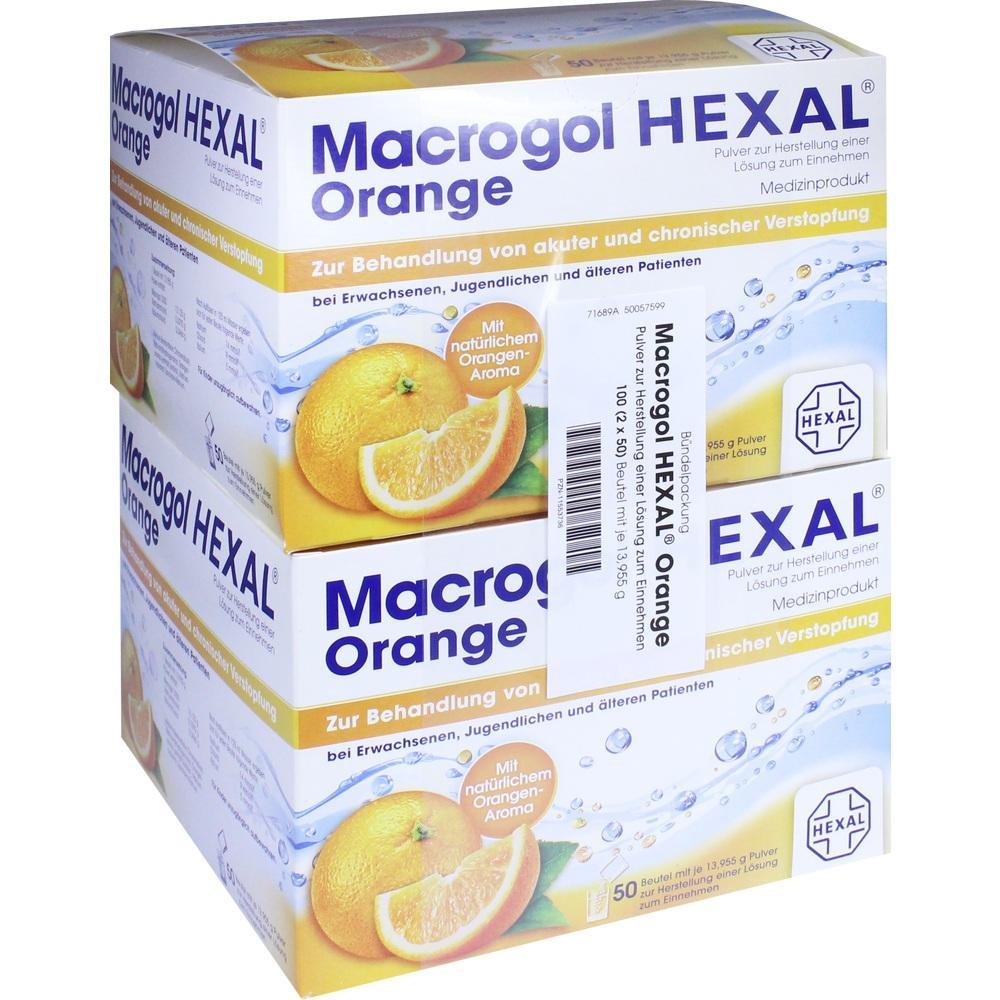 Zwei Packungen eines orangenaromatisierten Pulvers zur Behandlung von Verstopfung.