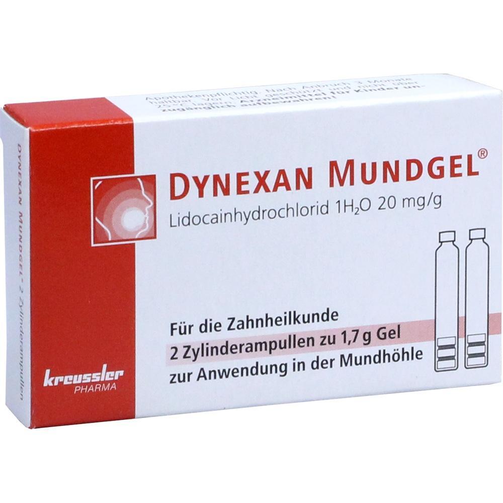 Eine Packung Dynexan Mundgel zur zahnärztlichen Anwendung.