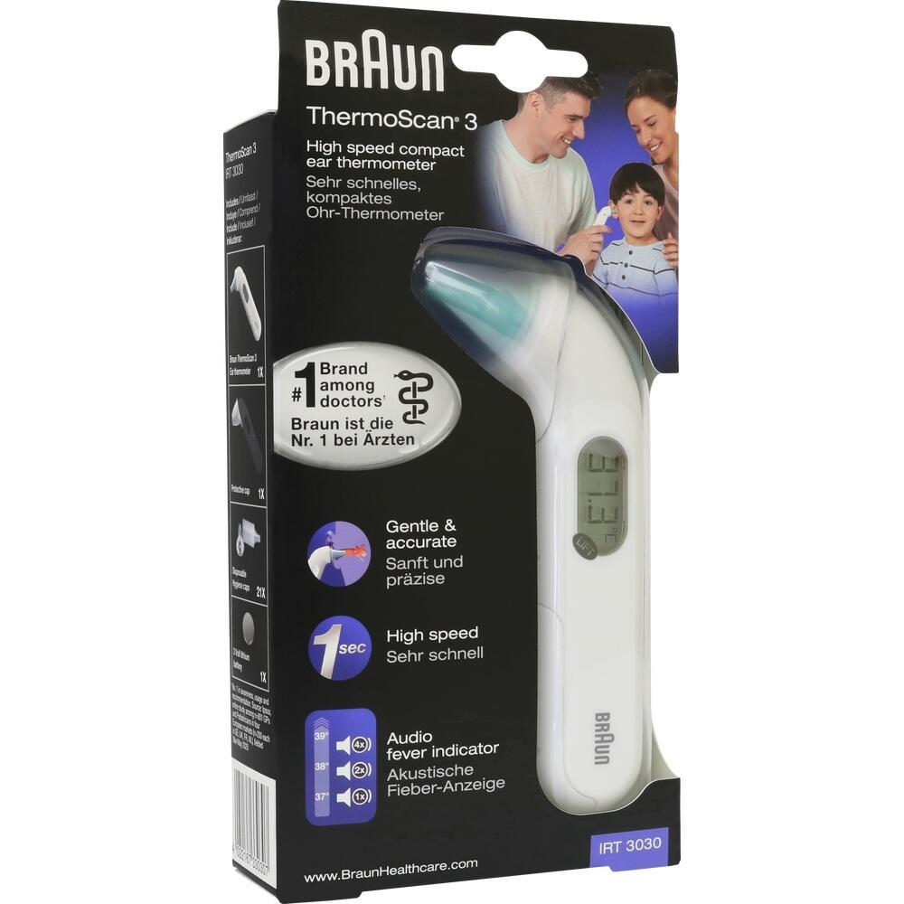 Verpackung eines Braun Ohr-Thermometers mit einem Bild einer Familie.