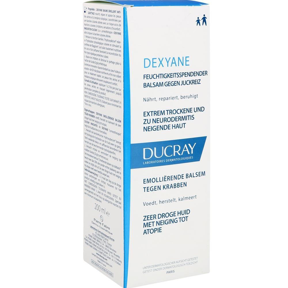 Wei&szlig;e Packung mit dem Aufdruck "Dexyane" f&uuml;r feuchtigkeitsspendenden Balsam gegen Juckreiz.