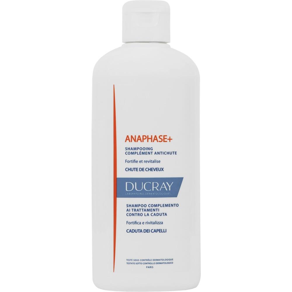 Wei&szlig;e Shampooflasche mit rotem und blauem Aufdruck "Anaphase+" von Ducray.