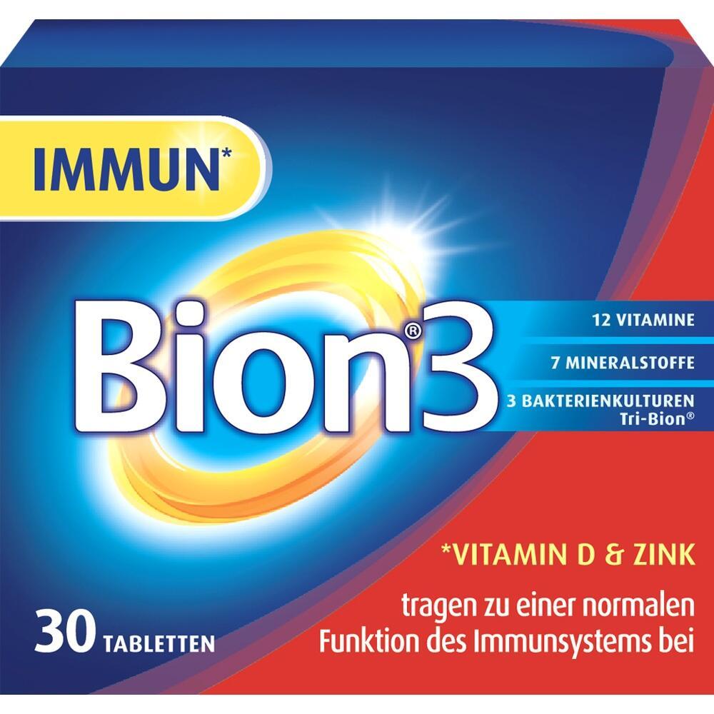 Verpackung von Bion3 Immun Tabletten mit Vitaminen und Mineralstoffen zur Unterstützung des Immunsystems.