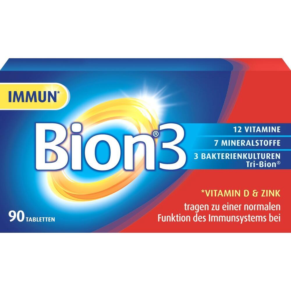 Verpackung von Bion3-Tabletten mit Vitaminen und Mineralstoffen zur Stärkung des Immunsystems.