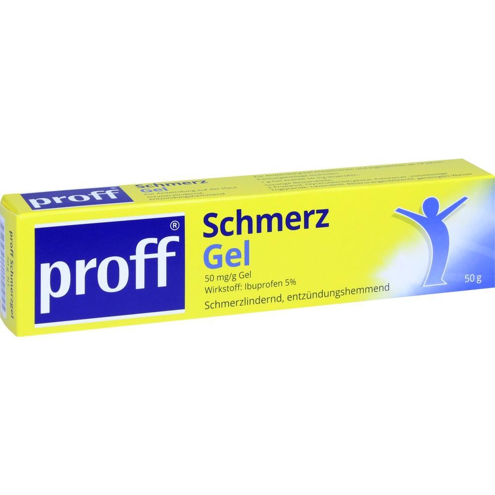 Gelbe Schachtel mit Schmerzgel gegen Schmerzen und Entzündung.