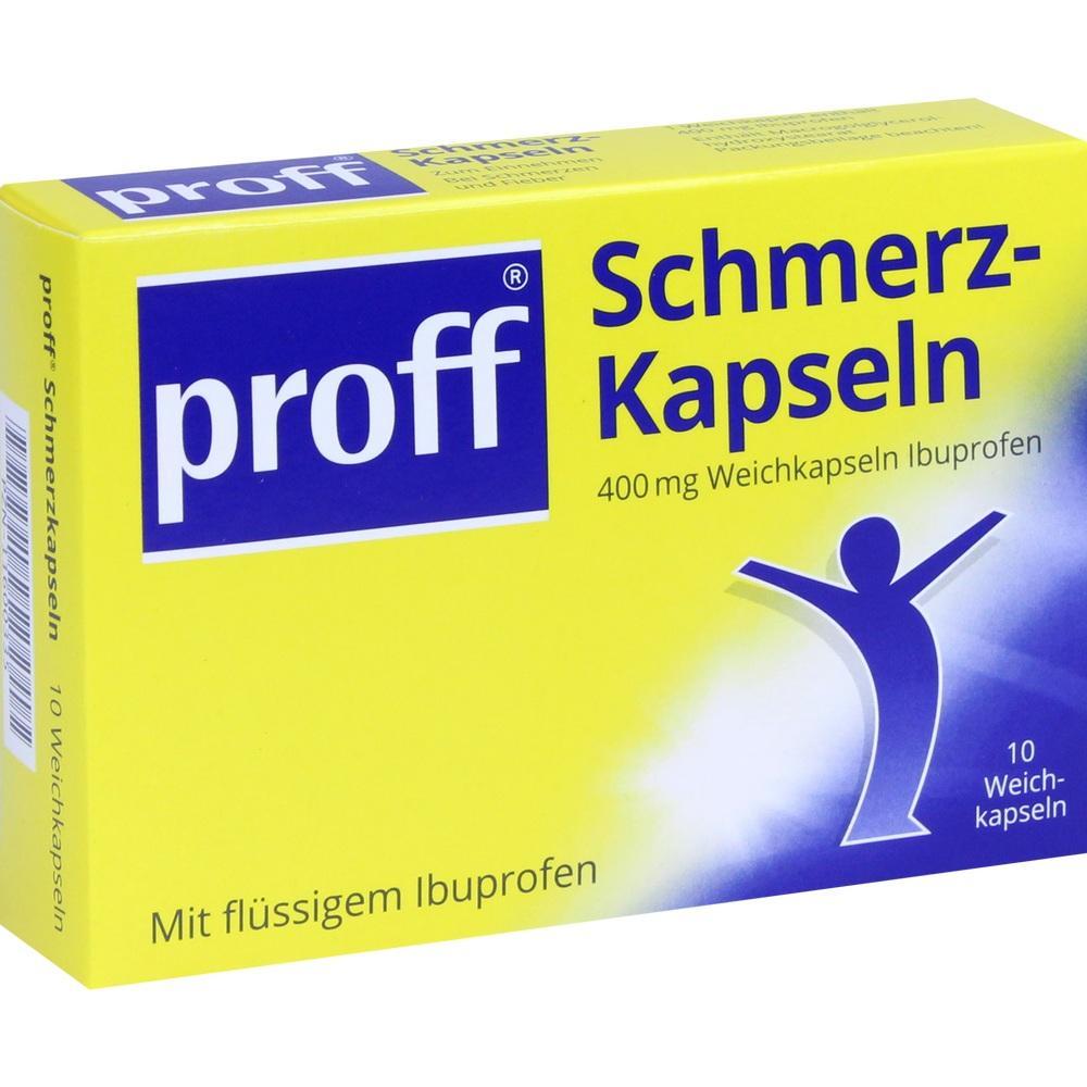 Gelbe Packung Ibuprofen-Schmerzkapseln mit blauem Logo und stilisierter Figur.