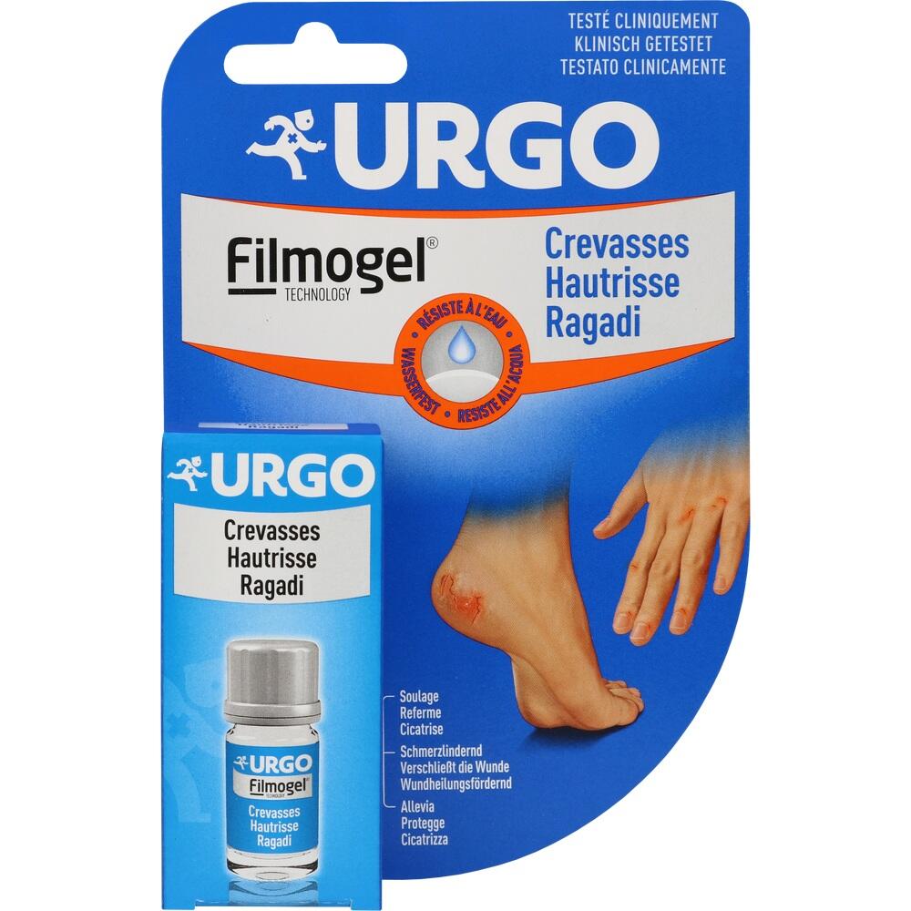Verpackung eines Hautriss-Gels von URGO, das an einer Ferse angewendet wird.