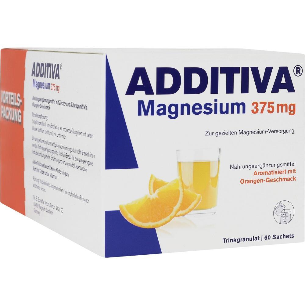 Weiße Verpackung mit blauem und rotem Text für Magnesium-Granulat mit Orangen-Geschmack.