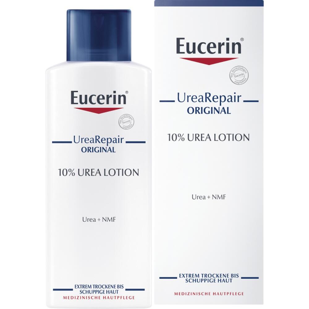 Flasche und Verpackung von Eucerin UreaRepair Lotion für trockene Haut.