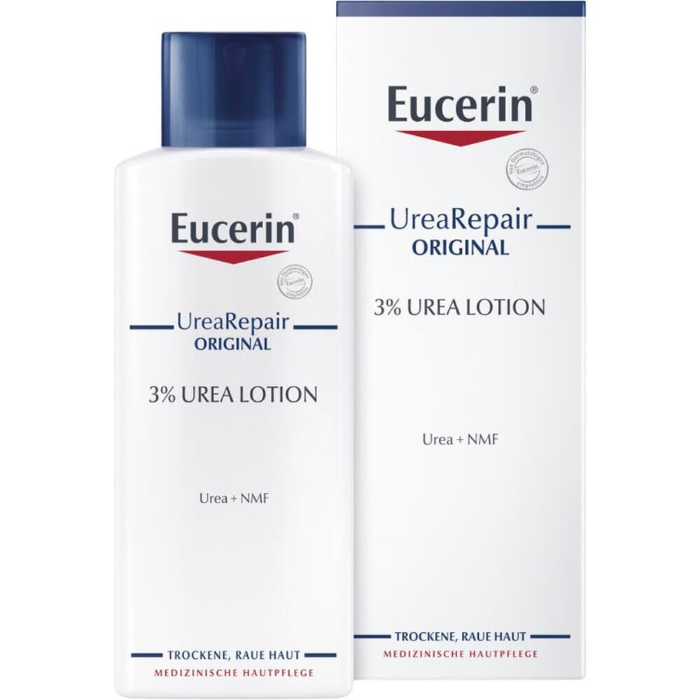 Eine weiße Flasche mit Eucerin UreaRepair 3% Urea Lotion für trockene Haut.