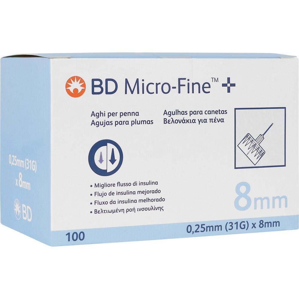 Eine Packung mit 8mm Nadeln f&uuml;r Insulin-Pens in hellem Blau und Wei&szlig;.