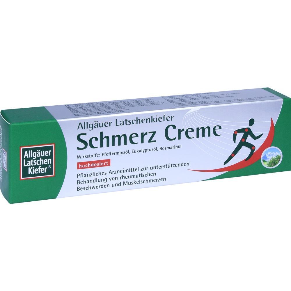 Grüne und weiße Verpackung einer Schmerzcreme mit laufender Figur darauf.