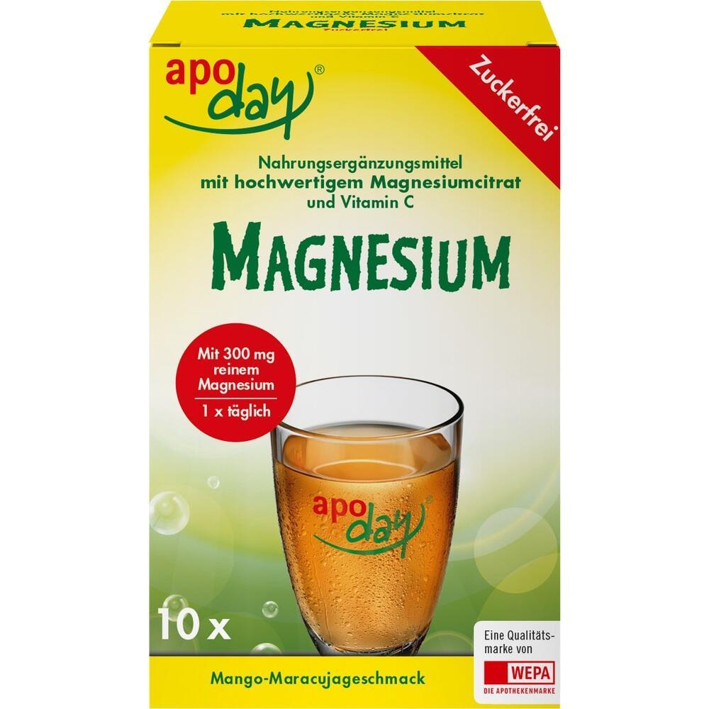 Eine Packung Magnesium-Getränkepulver mit Mango-Maracuja-Geschmack, zuckerfrei.