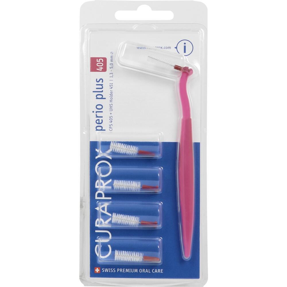 Rosa Interdentalbürste mit fünf Ersatzbürsten in Verpackung.