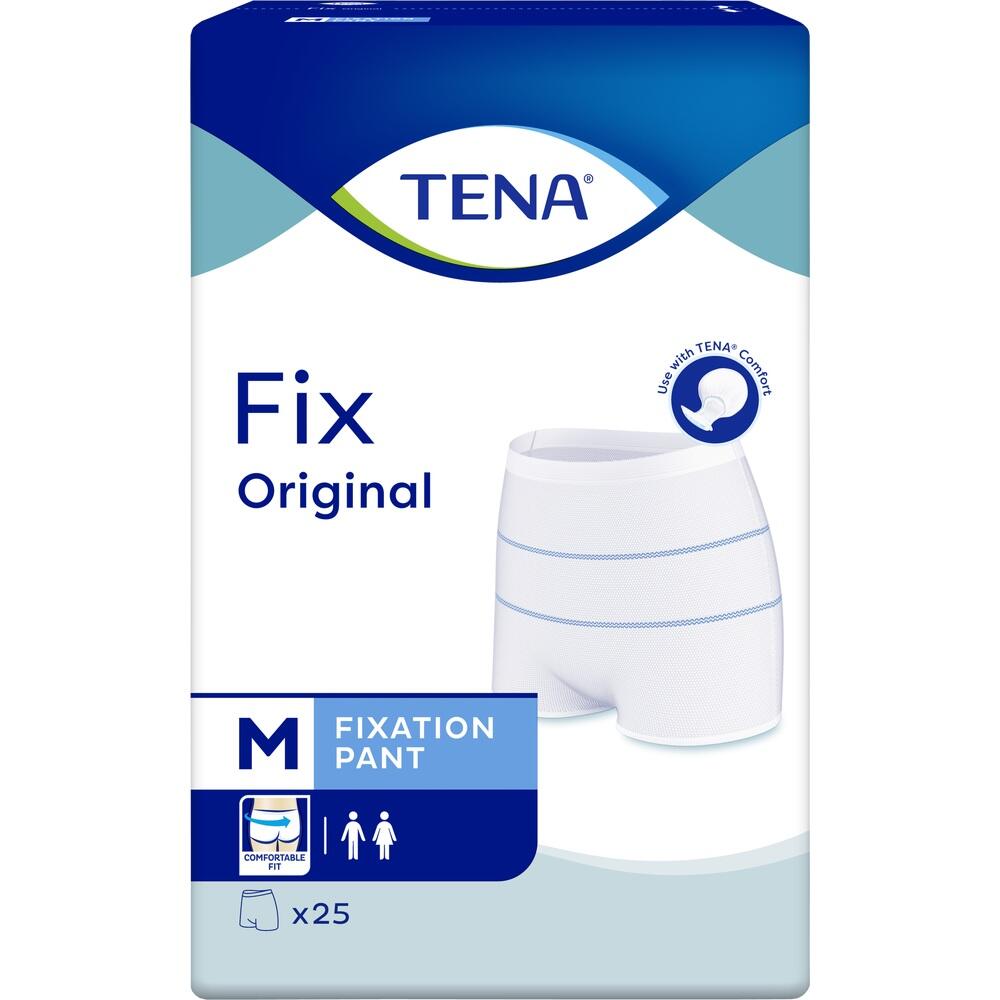 Verpackung mit Fixierhosen von TENA in Größe M für Männer und Frauen.