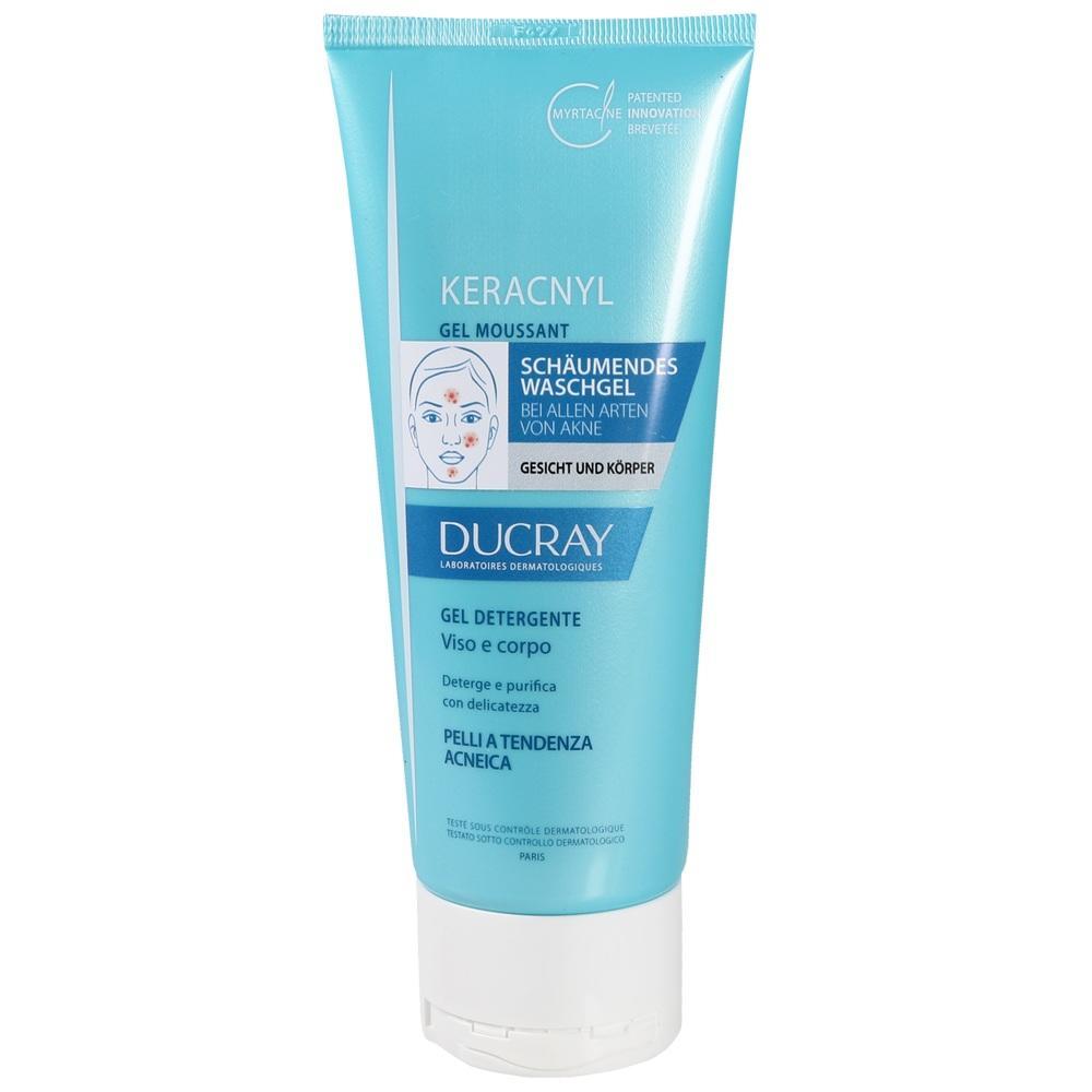 Eine blaue Tube enth&auml;lt sch&auml;umendes Waschgel gegen Akne von Ducray.