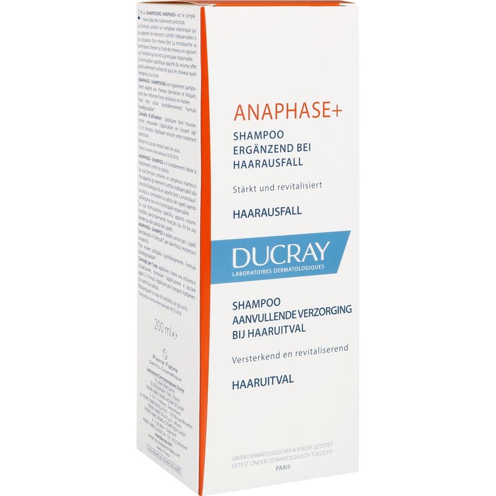 Eine Shampoo-Packung gegen Haarausfall, beschriftet mit Anaphase+ und Ducray.