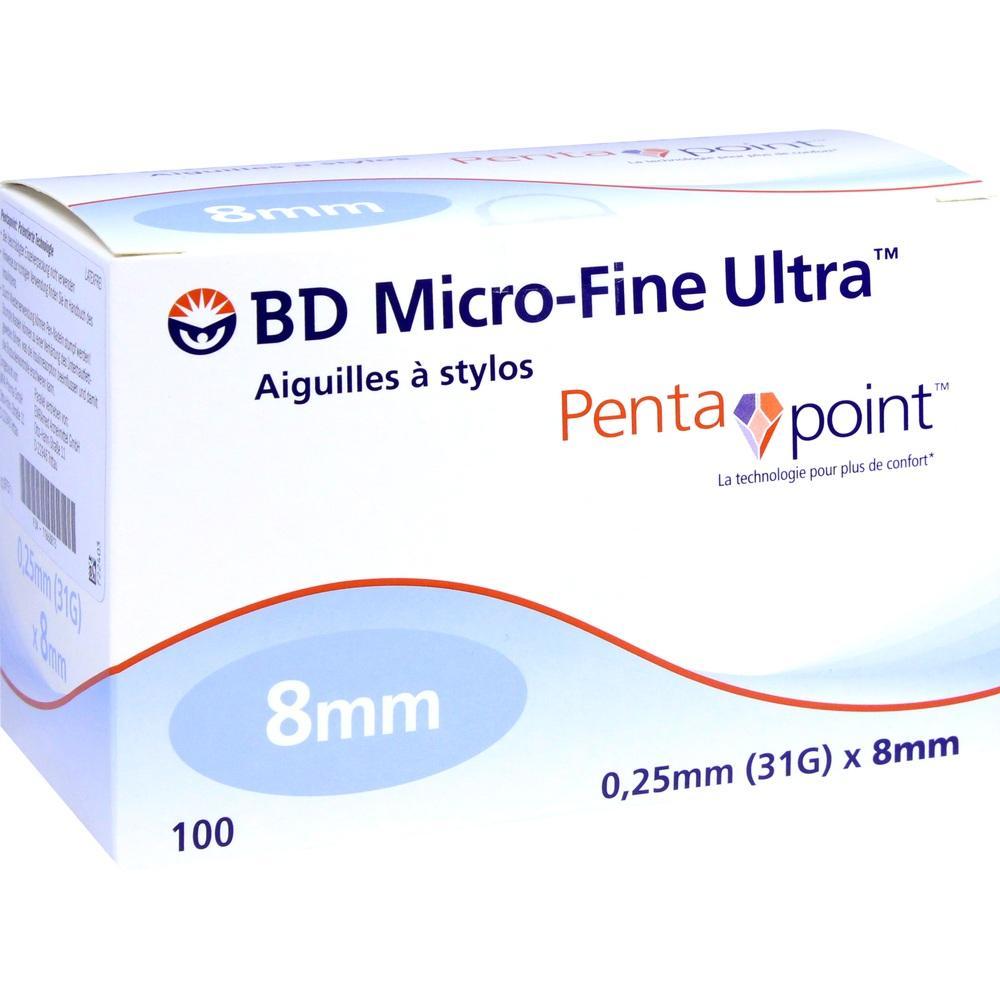 Eine weiße Schachtel mit der Aufschrift "BD Micro-Fine Ultra" für 8-mm-Nadeln.