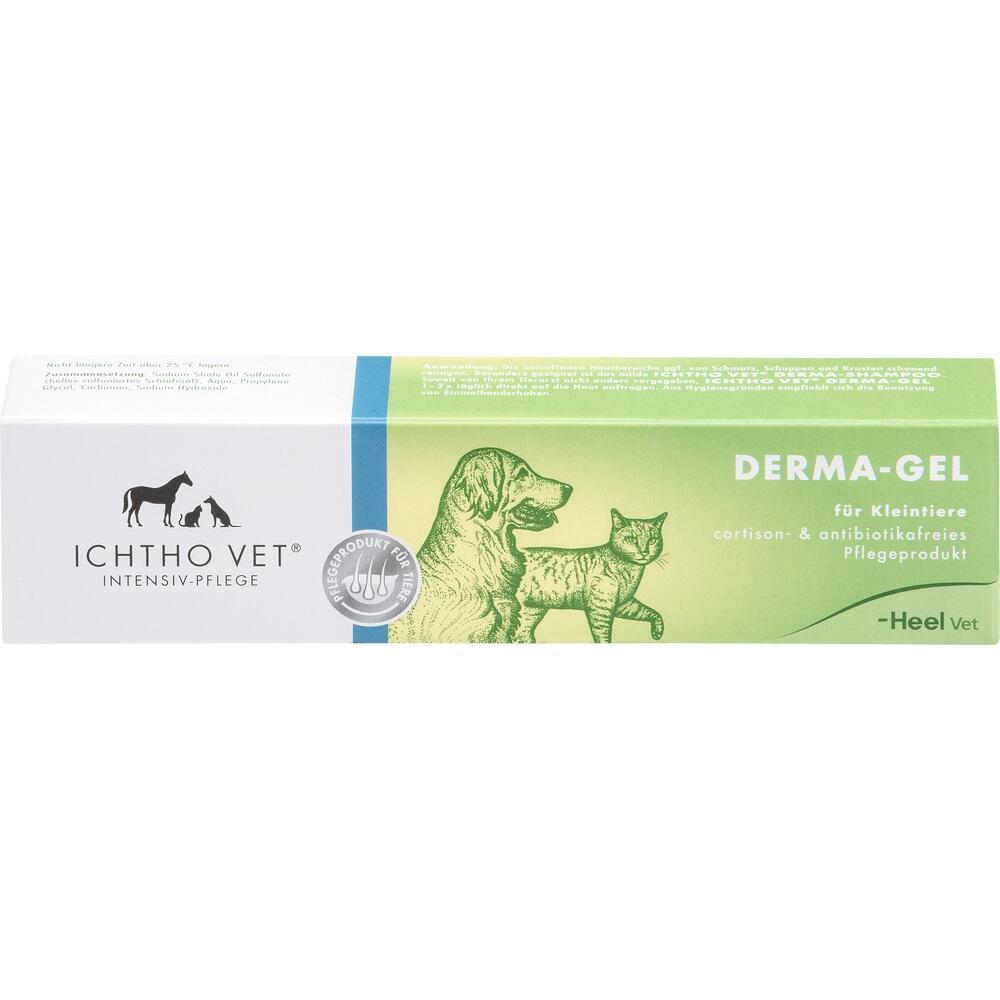 Tierpflegeprodukt-Verpackung mit Hund und Katze, Beschriftung: Derma-Gel für Kleintiere.