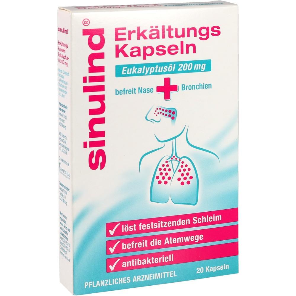 Die Packung zeigt Erkältungskapseln mit Eukalyptusöl, die Atemwege befreien.