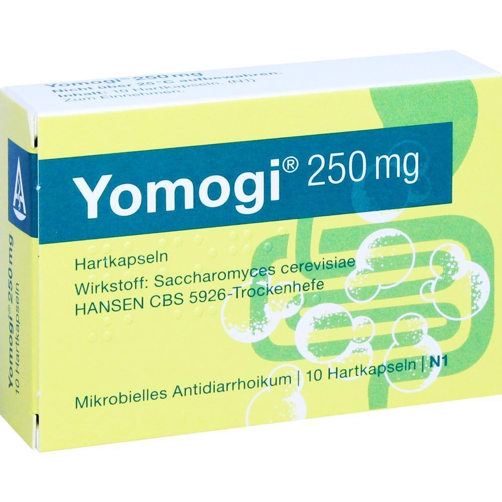 Gelbe und grüne Medikamentenpackung mit Aufschrift "Yomogi 250 mg".