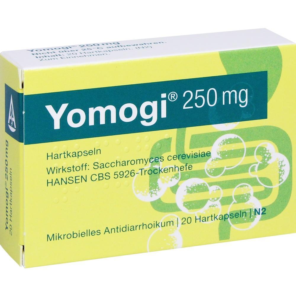 Gelbe Packung mit Yomogi 250 mg Kapseln gegen Durchfall.