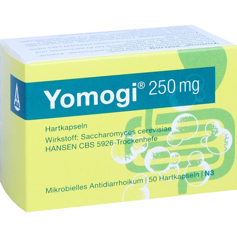 Gelbe Verpackung mit der Aufschrift "Yomogi 250 mg" für Hartkapseln gegen Durchfall.