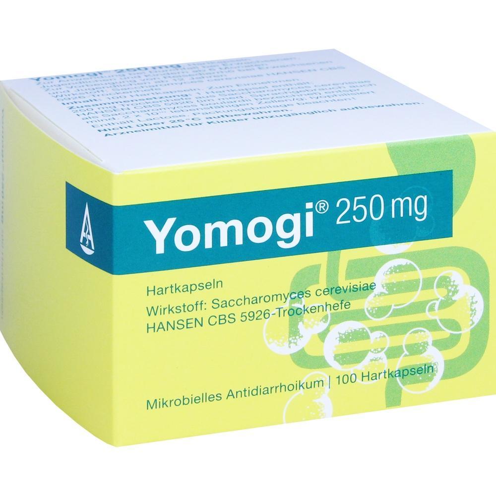 Gelbe Packung mit der Aufschrift "Yomogi 250 mg" und Informationen zu den Kapseln.