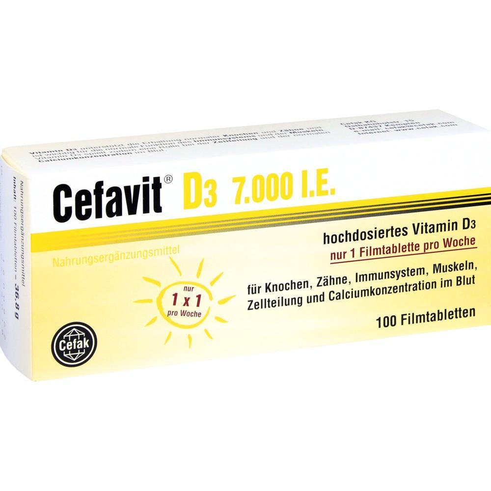 Gelbe Verpackung von Vitamin D3 mit 100 Tabletten f&uuml;r die w&ouml;chentliche Einnahme.