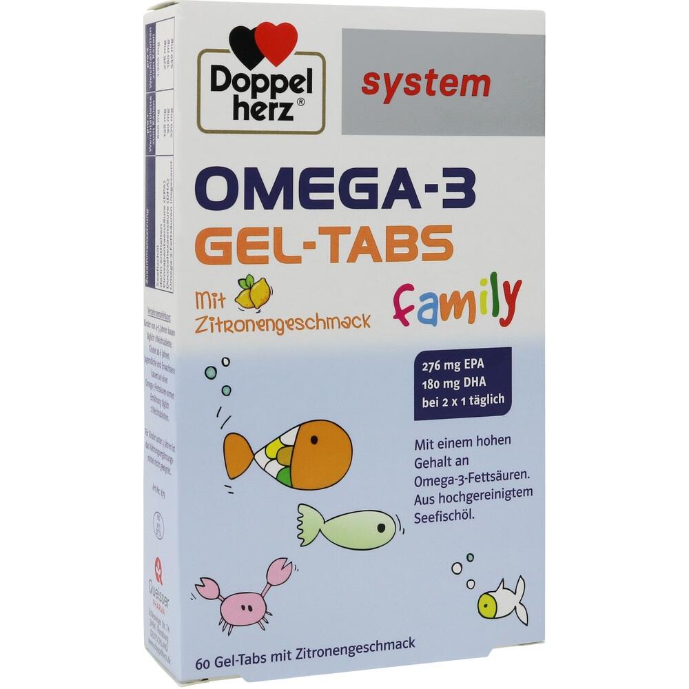 Verpackung von Omega-3 Gel-Tabs mit Zitronengeschmack, illustriert mit bunten Fischen.