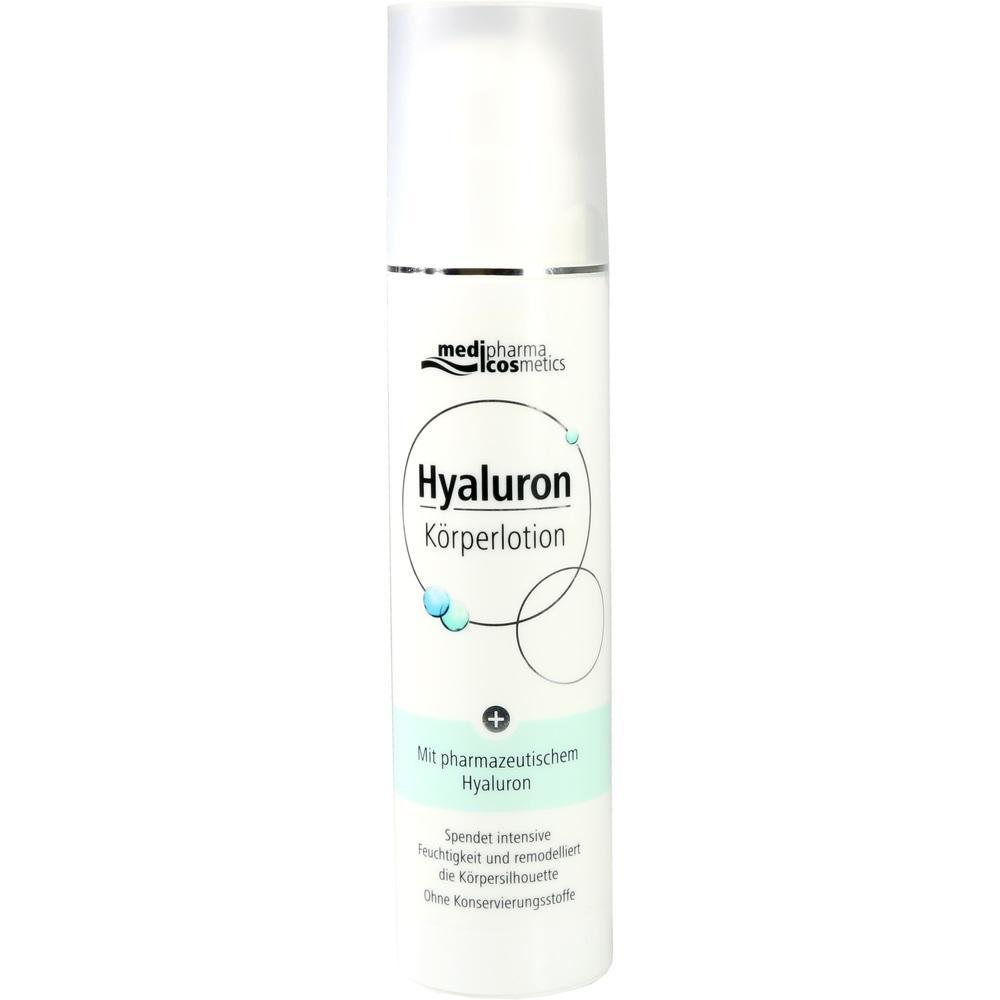 Eine weiße Flasche mit Hyaluron-Körperlotion von medipharma cosmetics.