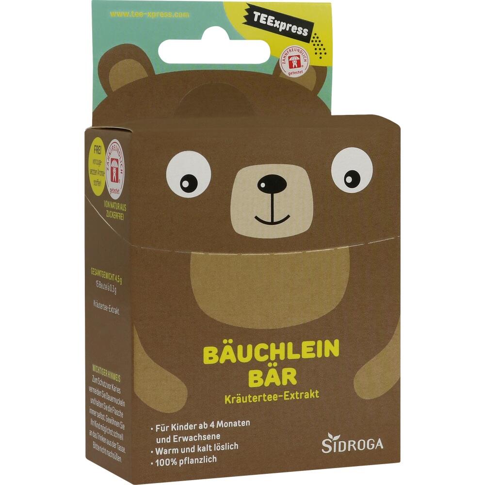 Braune Teeschachtel mit fröhlichem Bärengesicht und der Aufschrift "Bäuchlein Bär".