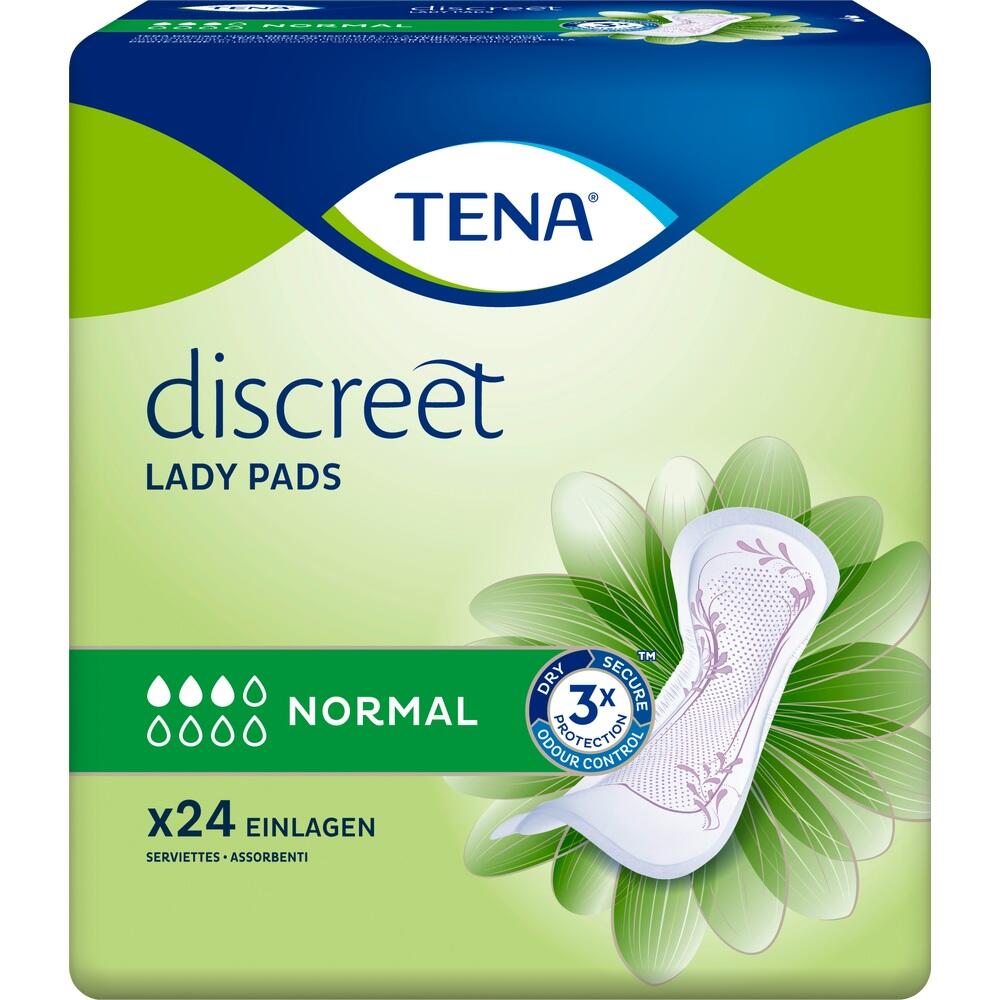 Verpackung von TENA Damenbinden, 24 Stück, mit grünem und blauem Design.