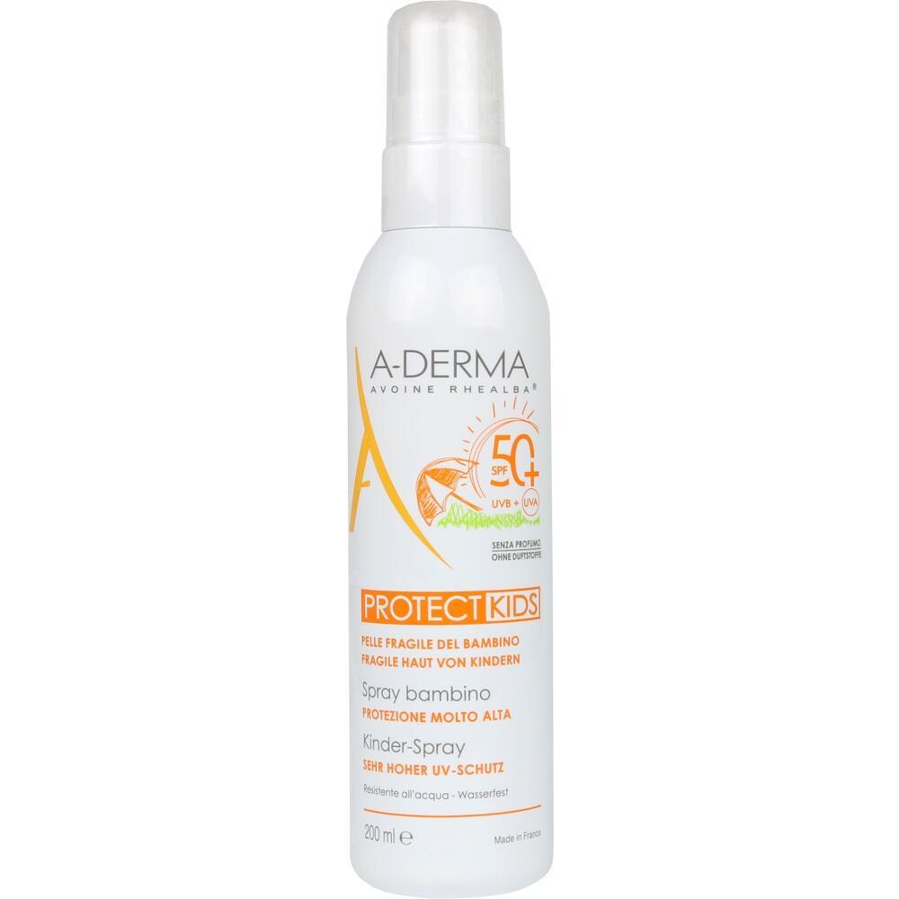 Wei&szlig;e Spr&uuml;hflasche mit Kinder-Sonnencreme und hohem UV-Schutz.