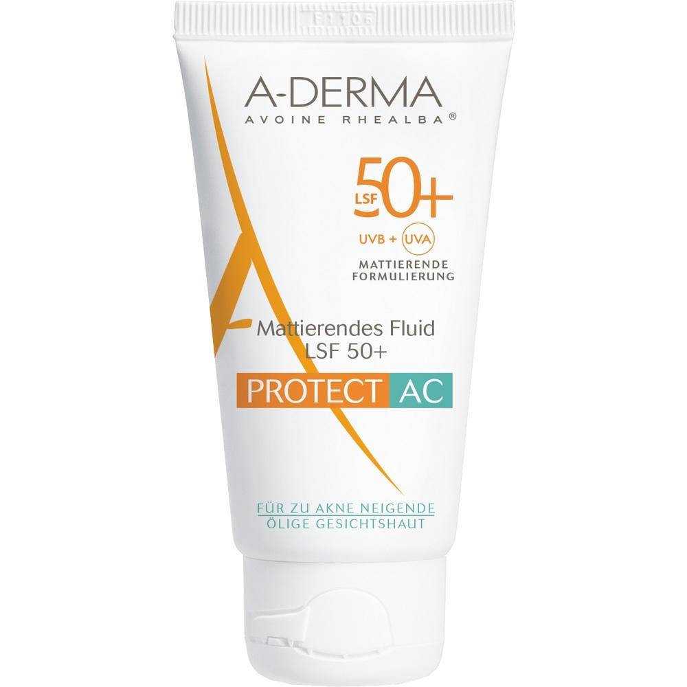 Eine wei&szlig;e Tube mattierender Sonnencreme mit LSF 50+ f&uuml;r &ouml;lige, zu Akne neigende Haut.