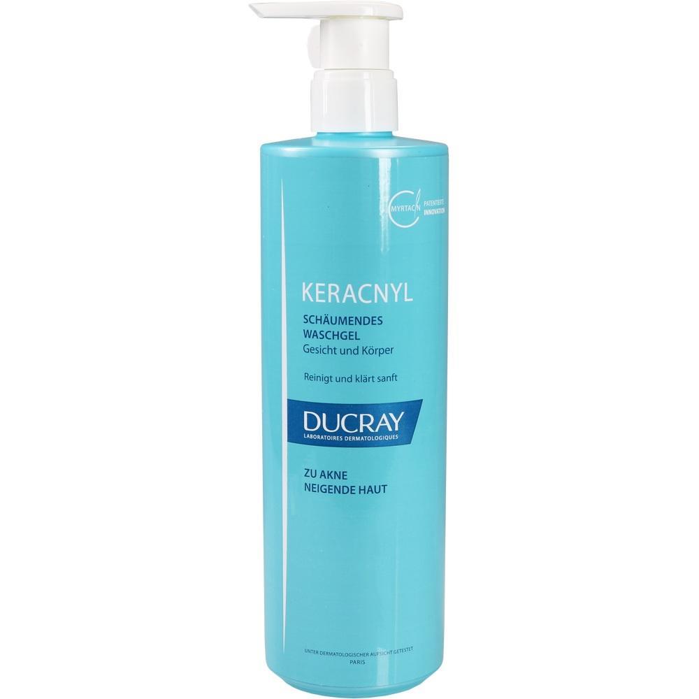 Blaue Flasche mit sch&auml;umendem Waschgel f&uuml;r Gesicht und K&ouml;rper.