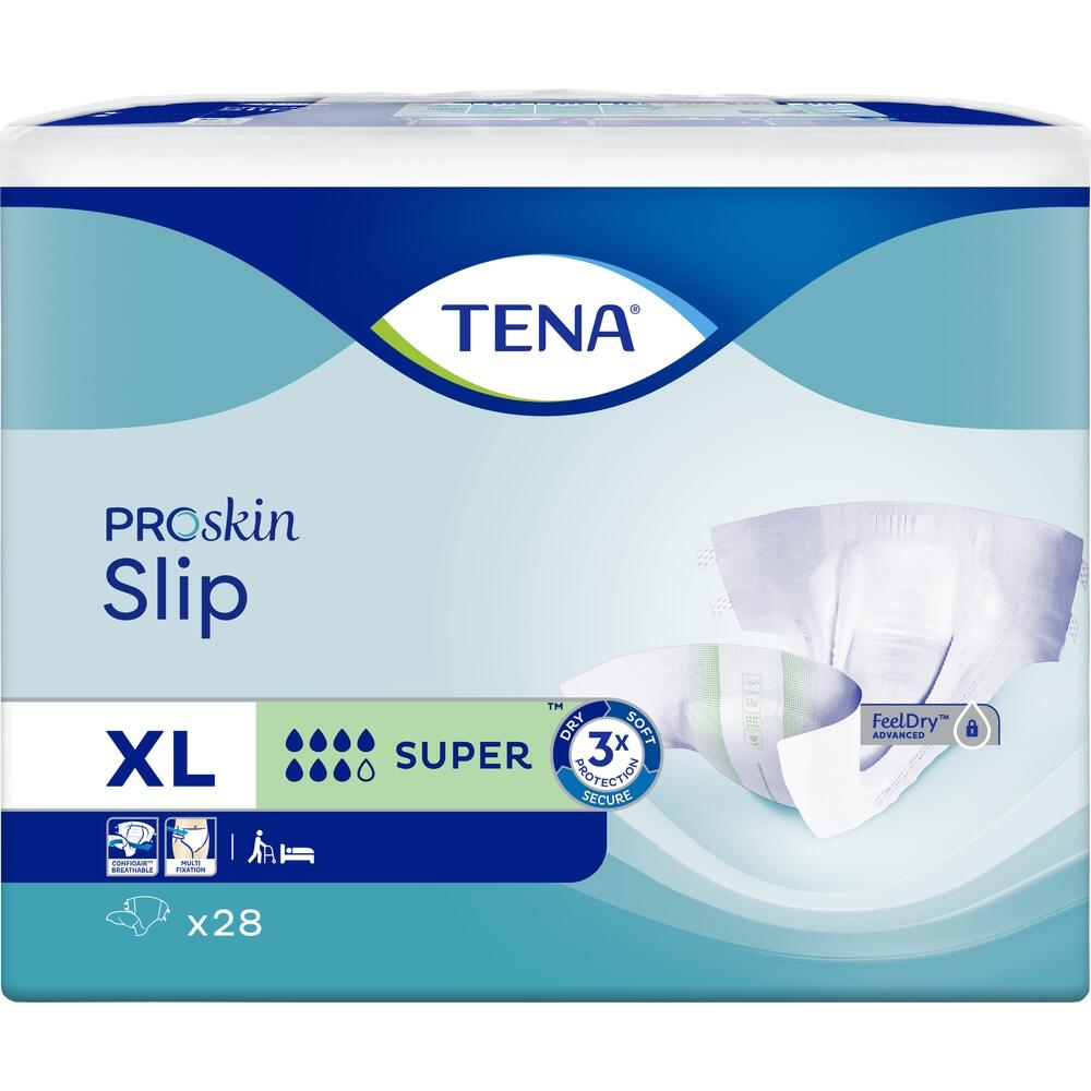 Verpackung von TENA Proskin Slip in Größe XL mit 28 Stück.