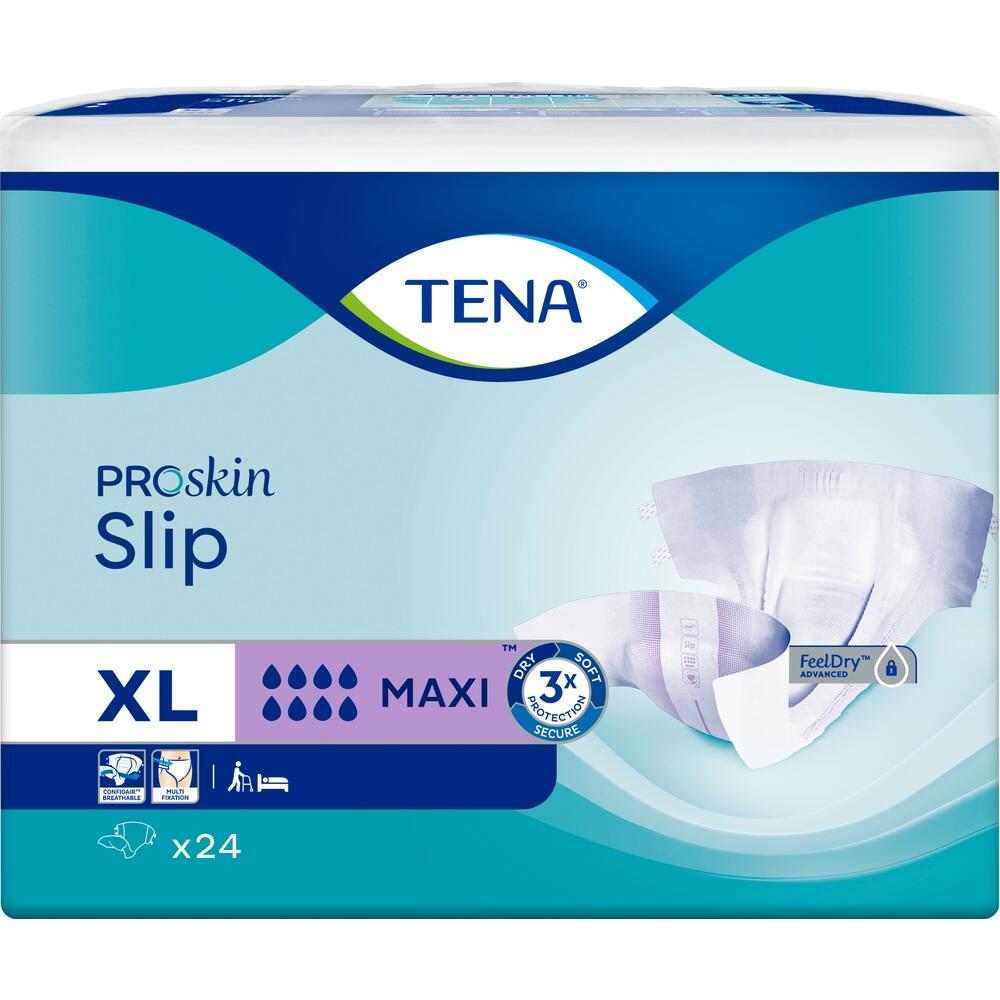 Verpackung von TENA ProSkin Slip Windeln, Größe XL, 24 Stück.