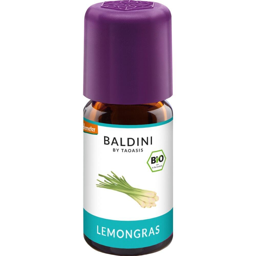 Braunes Fläschchen mit lila Deckel, Etikett zeigt Lemongras und Biologo.