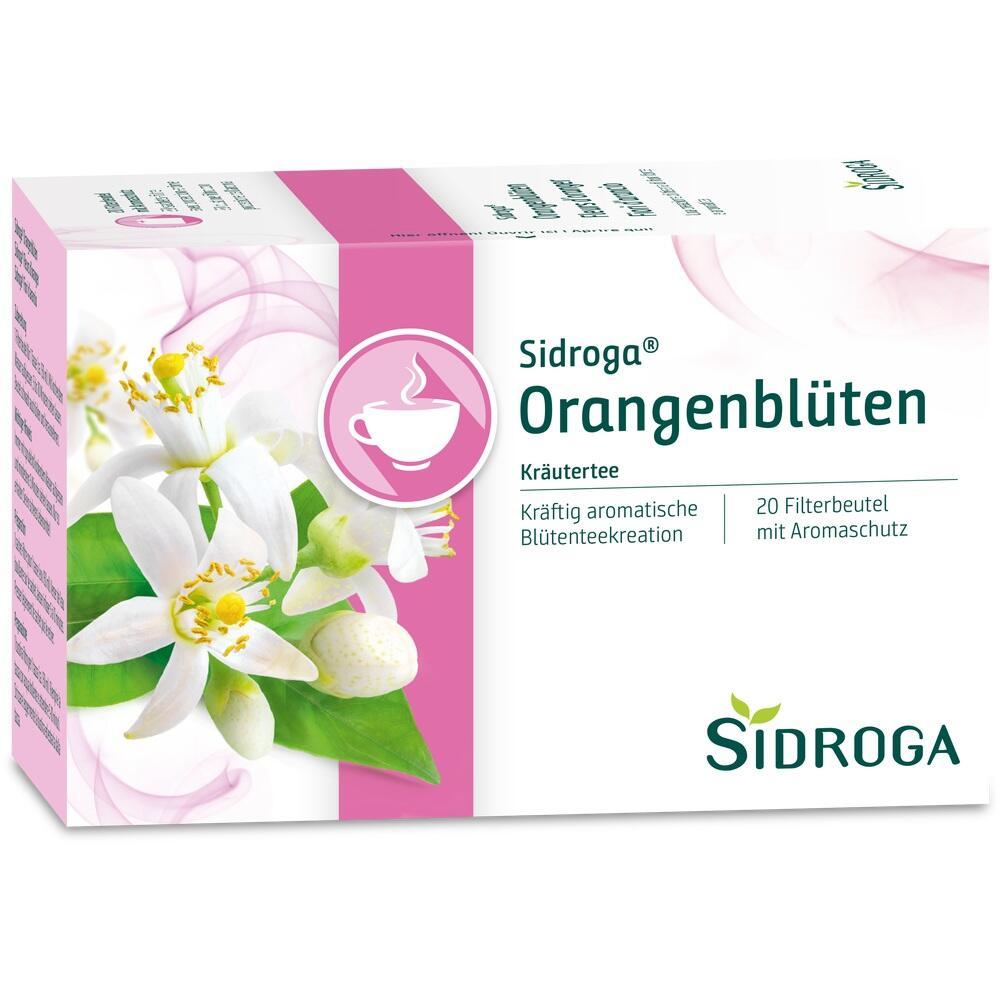 Eine Teepackung mit Orangenblüten-Motiv und pinkem Rand.