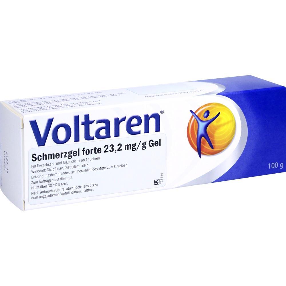 Eine blaue und weiße Verpackung von Voltaren Schmerzgel.