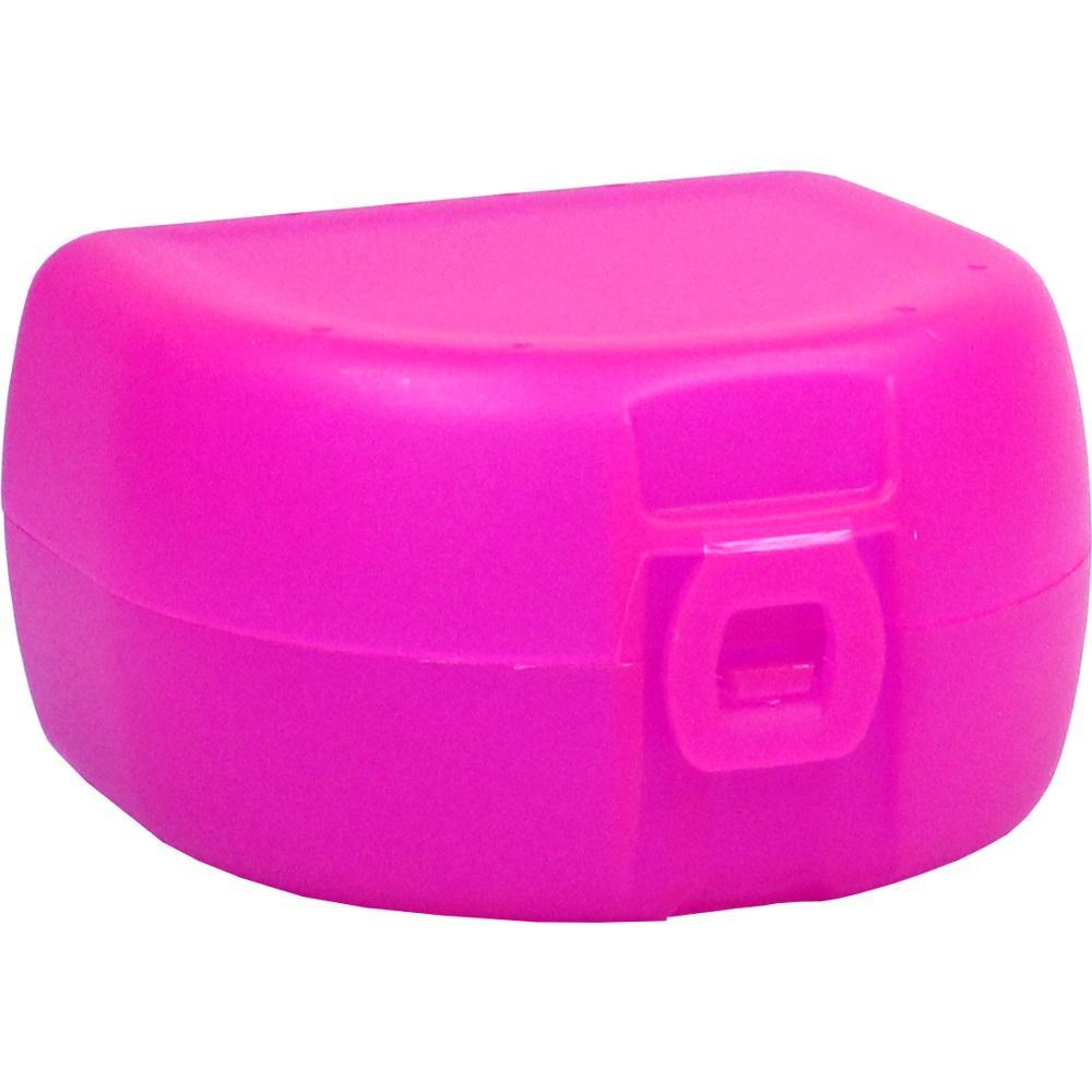 Eine kleine, pinke, runde Box mit einem Verschluss.