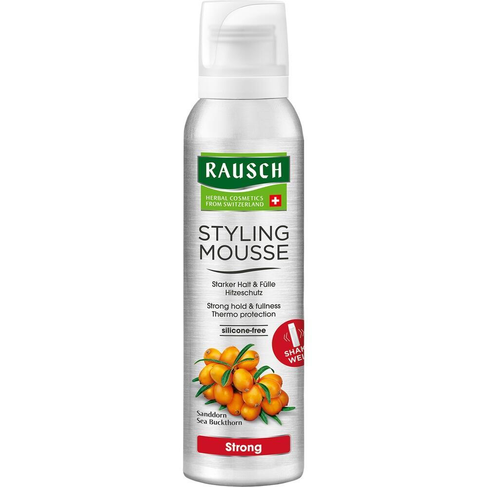 Silberne Dose mit Rausch Styling Mousse für starken Halt, Sanddorn abgebildet.