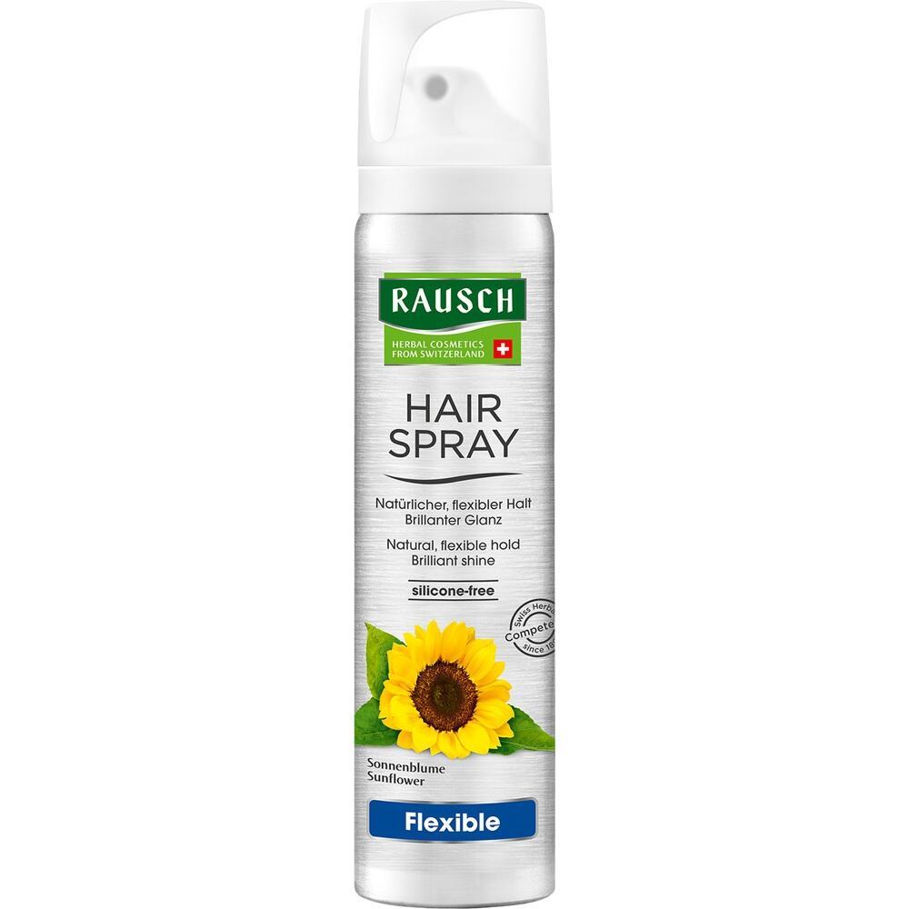 Silberne Haarspray-Dose mit Sonnenblume und grünem Logo.