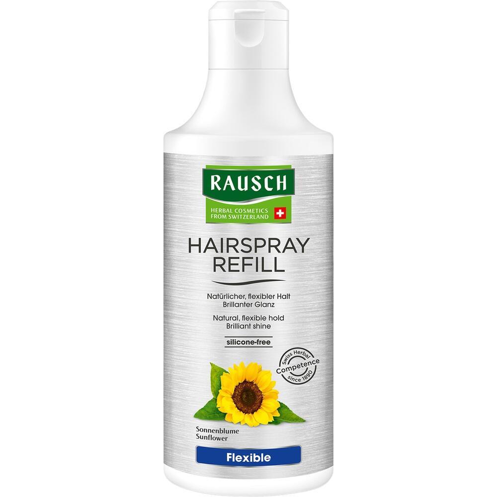 Weiße Flasche mit Hairspray-Refill, Sonnenblume und "Rausch"-Logo.