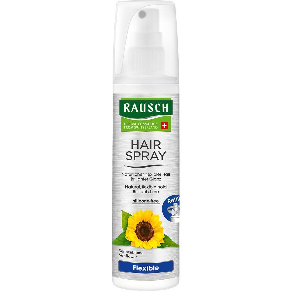 Weiße Flasche Haarspray mit Sonnenblume auf dem Etikett.