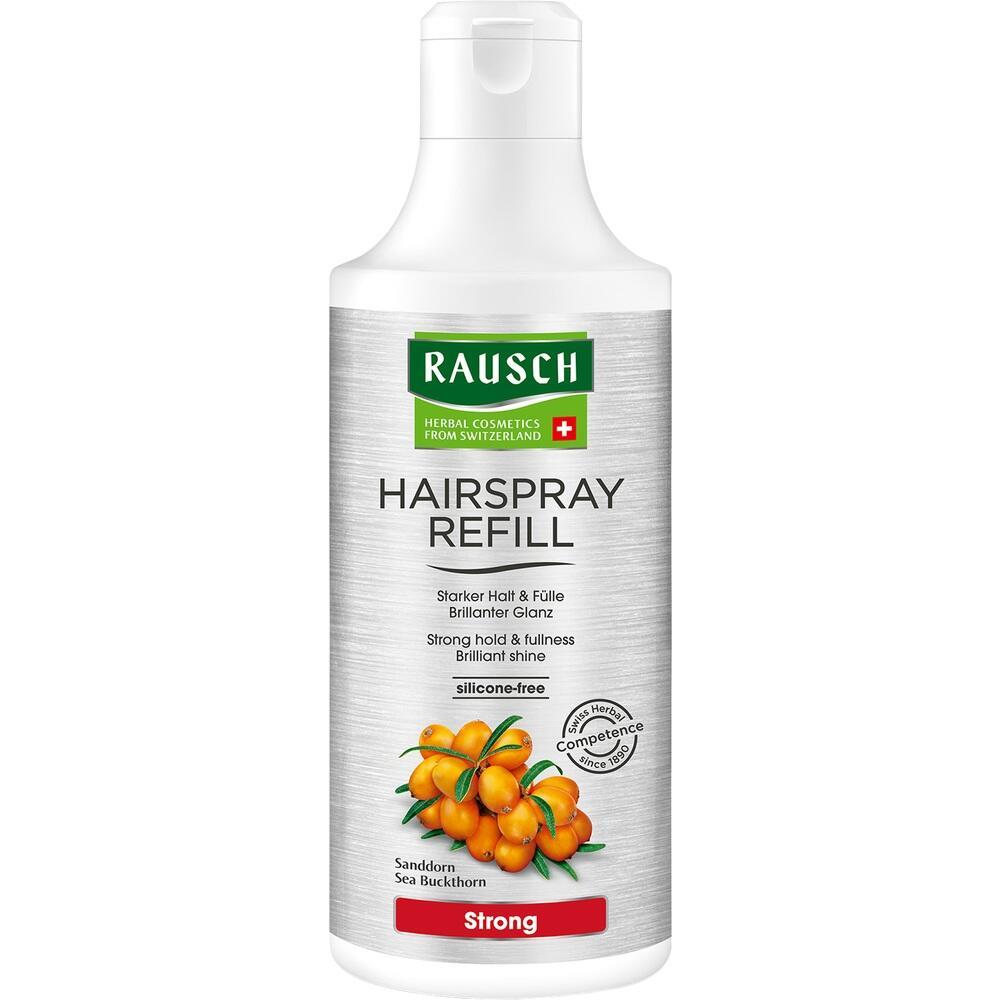 Eine Haarspray-Nachfüllflasche mit Sanddorn-Abbildung und der Aufschrift "Strong".