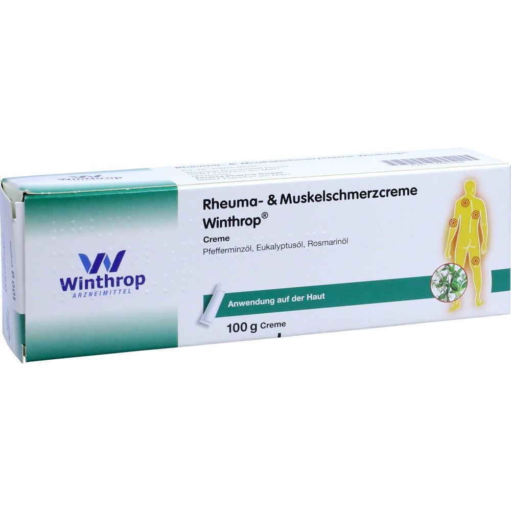 Weiße Schachtel mit Rheuma- und Muskelschmerzcreme von Winthrop, 100 g.